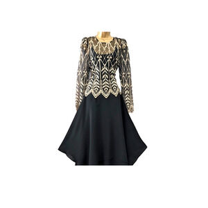 Vtg Cachet‎ Midi Formal Black Chiffon Dress lace Gold overlay sz 9/10 whimsigoth